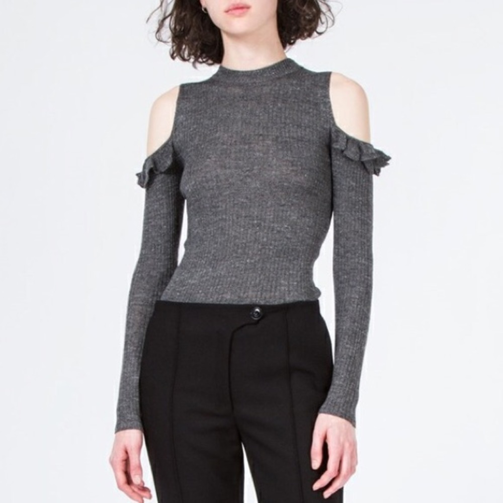 Wool Grey Ribbed Cold Shoulder Top